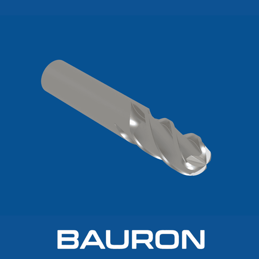 Angled view of a ball nose end mill showing its cylindrical shank, flutes, and rounded cutting end