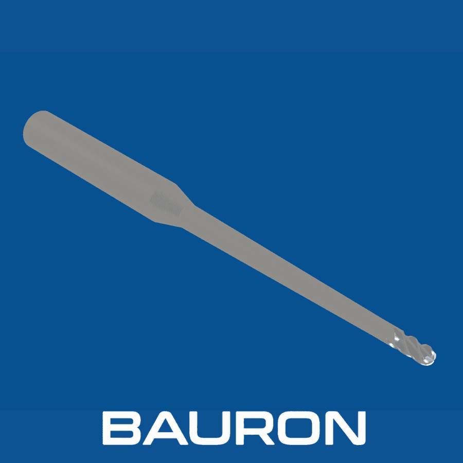 Angled view of a clearance ball end mill showing its cylindrical shank, reduced neck, and rounded cutting tip