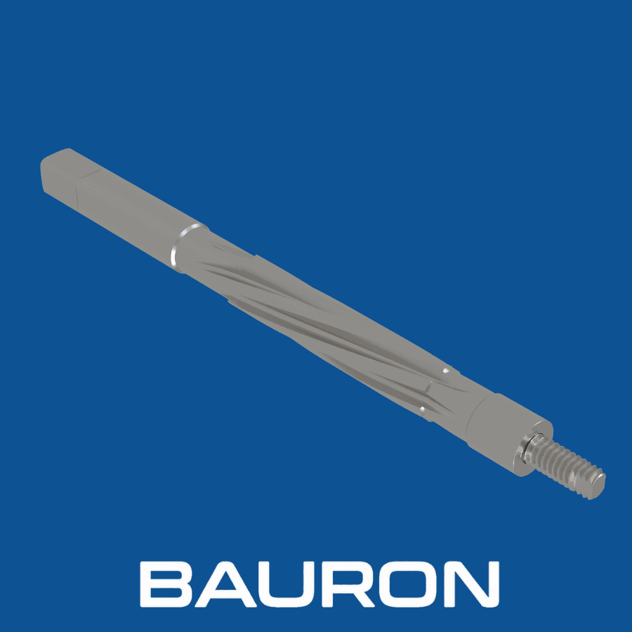 Angled rendering of a silver chamber reamer showing its square drive, profiled flutes, and threaded pilot end