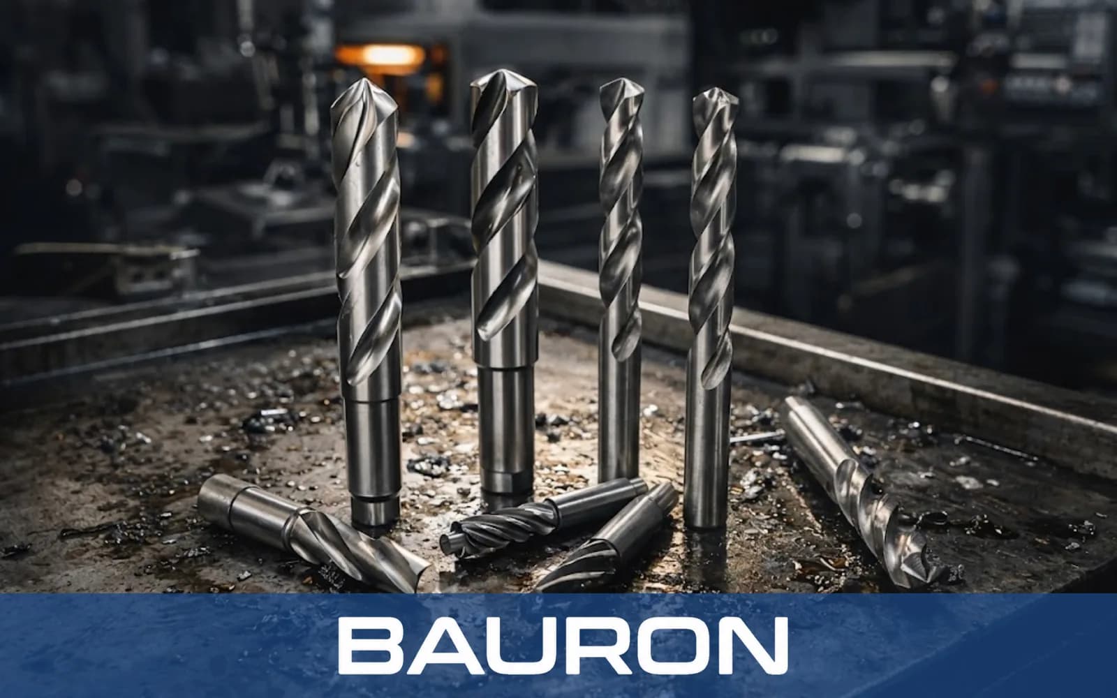 Punte a gambo conico in piedi tra trucioli metallici in un'officina