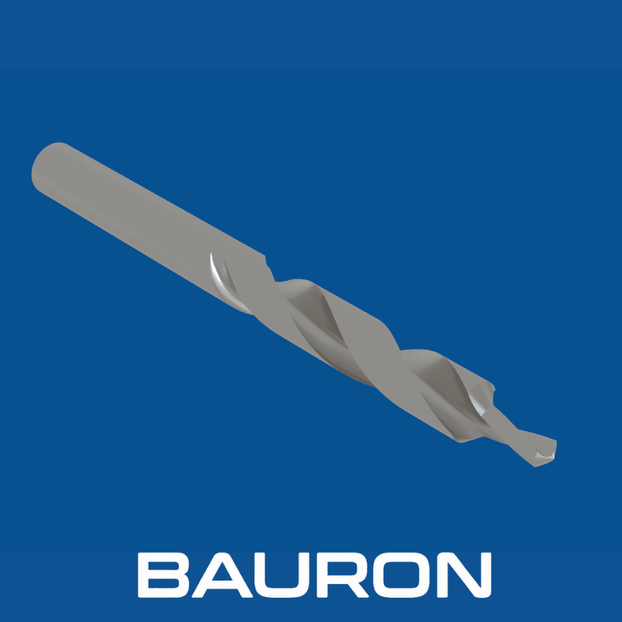 Utensile combinato di smusso per foratura Bauron mostrato in angolo con corpo a scanalature elicoidali e punta pilota