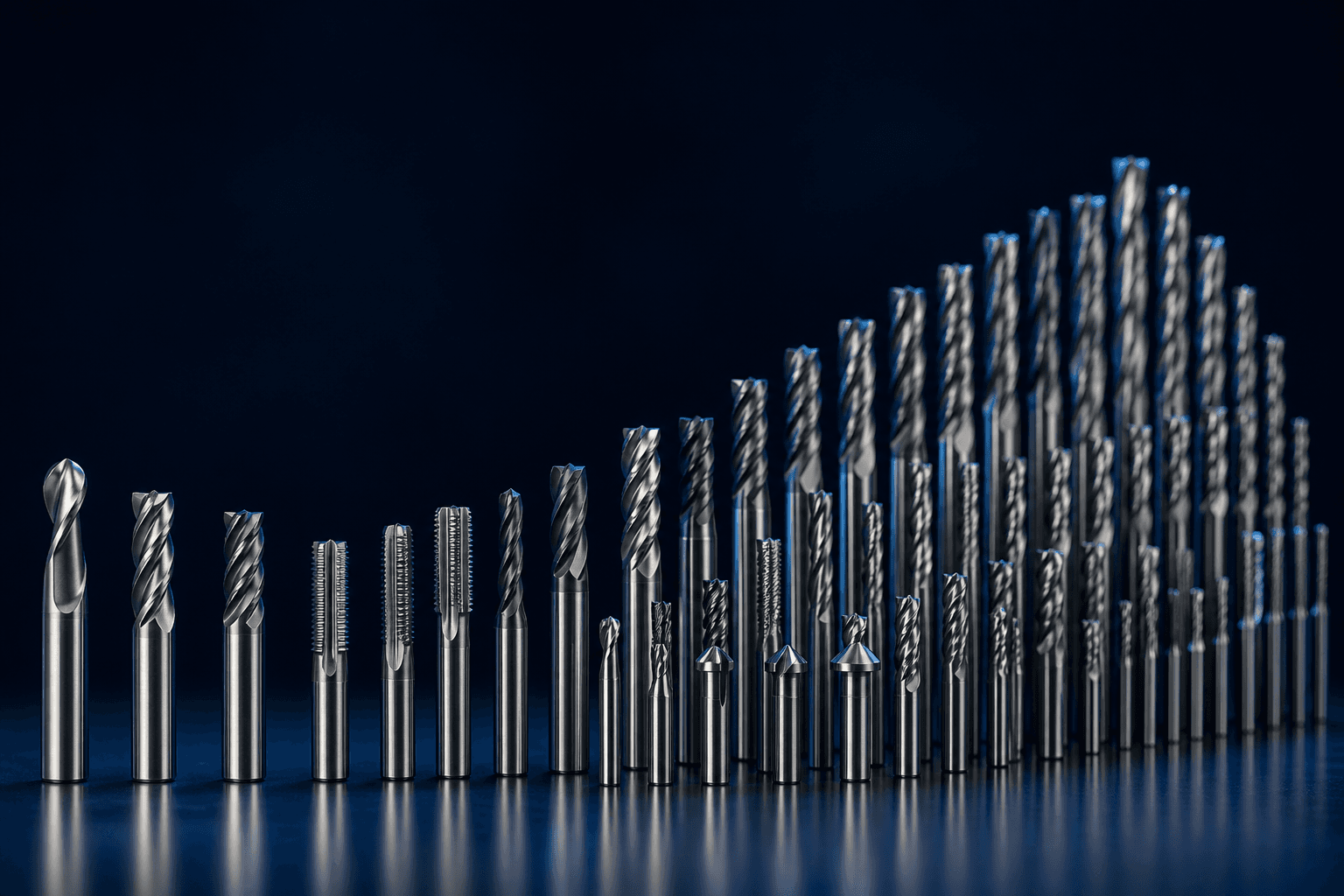 Metallic CNC cutting tools arranged from a few to many, illustrating scalable low-to-high volume production