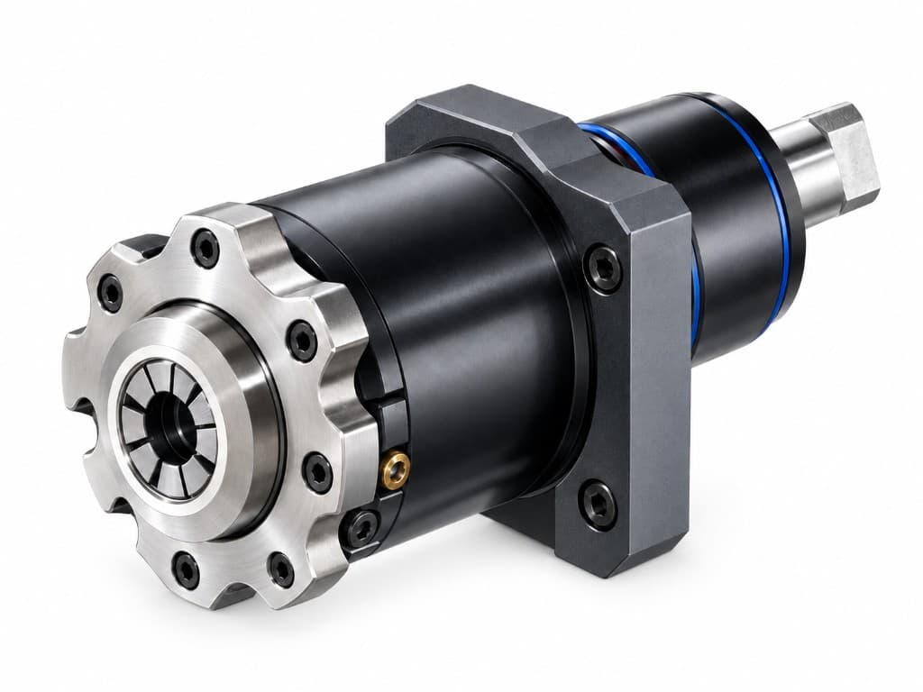 High-speed axial live tool holder with black anodized body, precision bearing stack, and blue sealing rings